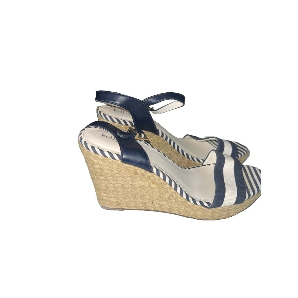 Kelly & Katie Navy Blue White Striped Espadrille Wedge Sandals Women's Size 9